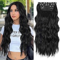 Alxnan Clip In Long Wavy Synthetic Hair Extension 24 Inch Black 4Pcs Thick Hairpieces Fiber Double Weft Hair For Women