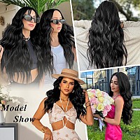 Alxnan Clip In Long Wavy Synthetic Hair Extension 24 Inch Black 4Pcs Thick Hairpieces Fiber Double Weft Hair For Women