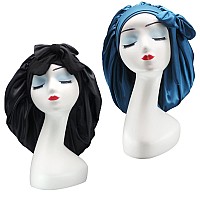 Hanbertti 2 Pack Silk Satin Hair Bonnet Sleeping Hat With Tie Band Bonnets Adjustable Bonnet For Curly Hair Sleep Adult Womenbl