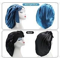 Hanbertti 2 Pack Silk Satin Hair Bonnet Sleeping Hat With Tie Band Bonnets Adjustable Bonnet For Curly Hair Sleep Adult Womenbl