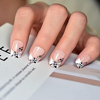 Ibeautying Classic French Design Nude Pink Press On Nails With Black Flower Pattern Decorative Medium Short Squoval Round Glossy