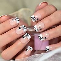 Ibeautying Classic French Design Nude Pink Press On Nails With Black Flower Pattern Decorative Medium Short Squoval Round Glossy