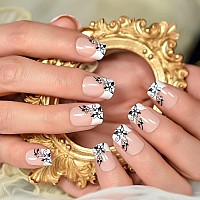 Ibeautying Classic French Design Nude Pink Press On Nails With Black Flower Pattern Decorative Medium Short Squoval Round Glossy