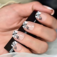 Ibeautying Classic French Design Nude Pink Press On Nails With Black Flower Pattern Decorative Medium Short Squoval Round Glossy