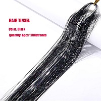 Black Hair Tinsel Kit With Tool 6Pcs 1200 Strands Glitter Tinsel Hair Extensions Heat Resistant Sparkling Shiny Fairy Hair Acces