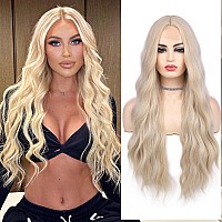 Lady Miranda Long Platinum Blonde Wig 28 Inch Natural Wavy Blonde Wig Middle Part Blonde Lace Wig Synthetic Hair Blonde Wigs For