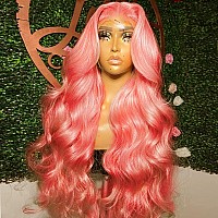 Giannay Pink Lace Front Wigs Pink Body Wave Lace Wig Synthetic Heat Resistent Hair Pink Wave Lace Front Wig