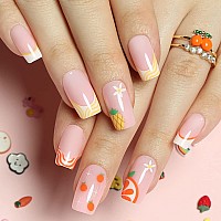 Lacheer Press On Nails Short Square Nude Pink French Tip Fake Nails Bright Color Soft Gel Glue On Nails Medium False Nails Wit