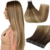 Full Shine Injected Tape In Hair Extensions 5Pcs 18 Inch Virgin Injection Tape In Extensions Color 3 Brown Fading To 8 Ash Brown