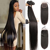 Yisea Human Hair Bundles With Lace Closure 12 14 16 1810 Closure Straight Hair 4 Bundles With 4X4 Lace Closure 100 Unprocess