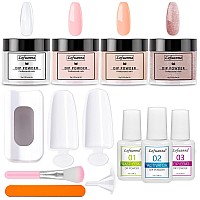 Lofuanna Dip Powder Nail Kit Starter-4 Colors Clear Pink Nude Glitter Pink Dipping Powder with Base&Top Coat&Activator,No UV/LED Needed,All-in-One DIY French Nail Art Manicure Set for Beginners