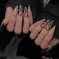 Yoyoee Diamond Inlaid Manicure Press On Nails Long Coffin Fake Nails French False Nails Acrylics Full Cover Black Nails Tips For