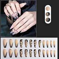 Yoyoee Diamond Inlaid Manicure Press On Nails Long Coffin Fake Nails French False Nails Acrylics Full Cover Black Nails Tips For