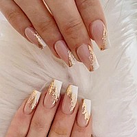 Mervf Coffin Press On Nails Long Fake Nails White French Tip Ballerina Glue On Nails With Gold Designs Acrylic Nails Artificial