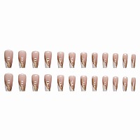 Mervf Coffin Press On Nails Long Fake Nails White French Tip Ballerina Glue On Nails With Gold Designs Acrylic Nails Artificial