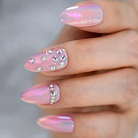 Elevenail 3D Rhinestones Press On Nails Medium Shiny Pink Chrome Chameleon Mirror False Nails Almond Acrylic Nail Art Tips Salon