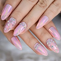 Elevenail 3D Rhinestones Press On Nails Medium Shiny Pink Chrome Chameleon Mirror False Nails Almond Acrylic Nail Art Tips Salon