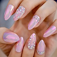 Elevenail 3D Rhinestones Press On Nails Medium Shiny Pink Chrome Chameleon Mirror False Nails Almond Acrylic Nail Art Tips Salon