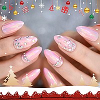 Elevenail 3D Rhinestones Press On Nails Medium Shiny Pink Chrome Chameleon Mirror False Nails Almond Acrylic Nail Art Tips Salon