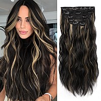 Wecan Clip In Hair Extension 20 Inch Black Mix Blonde 6Pcs Long Wavy Curly Hairpieces For Women Natural Thick Synthetic Fiber Do