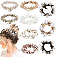 Ahoney 9Pcs Pearl Hair Ties Elastic Hair Scrunchies Hold Crystal Beads Bulk Hair Ropes Stretchy Handmade Boho Hair Accessories F