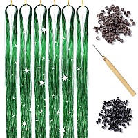 Green Hair Tinsel Kit With Tool 6Pcs 1200 Strands Glitter Tinsel Hair Extensions Heat Resistant Sparkling Shiny Fairy Hair Acces