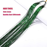 Green Hair Tinsel Kit With Tool 6Pcs 1200 Strands Glitter Tinsel Hair Extensions Heat Resistant Sparkling Shiny Fairy Hair Acces