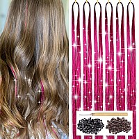 Rose Red Hair Tinsel Kit With Tool 6Pcs 1200 Strands Tinsel Hair Extensions Heat Resistant Sparkling Shiny Glitter Fairy Hair Fo