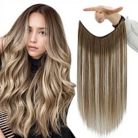 Fshine Invisible Wire Hair Extensions Real Human Hair Brown Ombre 6606 Fishing Line Hair Extensions 20Inch Chestnut Brown To