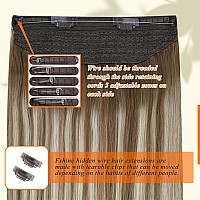 Fshine Invisible Wire Hair Extensions Real Human Hair Brown Ombre 6606 Fishing Line Hair Extensions 20Inch Chestnut Brown To