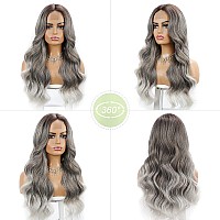 Halcyon Long Grey Wig For Women 26 Inch Gray Wavy Wig Middle Part Natural Looking Synthetic Heat Resistant Fiber Wigs For Daily