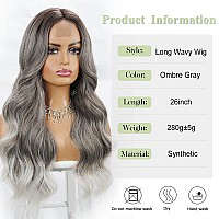 Halcyon Long Grey Wig For Women 26 Inch Gray Wavy Wig Middle Part Natural Looking Synthetic Heat Resistant Fiber Wigs For Daily