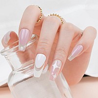 Pink French Tip Press On Nails Long Jofay Fashion Fake Nails With Star Designs False Nails With Glue Stick On Nails For Women