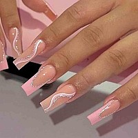 Foccna Pink Press On Nails Long Swirls French Fake Nails Square Bling Glossy False Nail Tips Artificial Nails Finger Manicure Fo