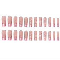 Foccna Pink Press On Nails Long Swirls French Fake Nails Square Bling Glossy False Nail Tips Artificial Nails Finger Manicure Fo