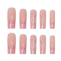 Foccna Pink Press On Nails Long Swirls French Fake Nails Square Bling Glossy False Nail Tips Artificial Nails Finger Manicure Fo