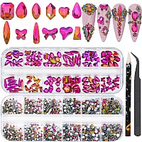 Hnuix Nail Rhinestones 2920Pcs 3D Multi Shape Size Crystal Colorful Red Nail Gems Flat Back With Kit For Nail Art Diy Dec