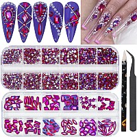 Hnuix Nail Rhinestones 2920Pcs 3D Multi Shape Size Crystal Ab Red Nail Gems Flat Back With Kit For Nail Art Diy Decoratio