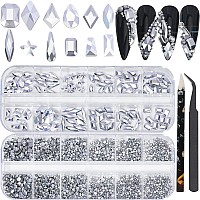 Hnuix Nail Rhinestones 2920Pcs 3D Multi Shape Size Silver Nail Gems Flat Back With Kit For Nail Art Diy Decorations