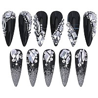 Hnuix Nail Rhinestones 2920Pcs 3D Multi Shape Size Silver Nail Gems Flat Back With Kit For Nail Art Diy Decorations