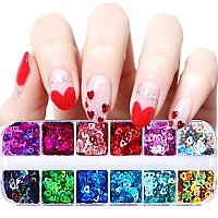 12 Colors Heart Nail Art Glitter Sequins 3D Love Heart Nail Flakes Designs Holographic Laser Big Small Hearts Nail Art Supplie