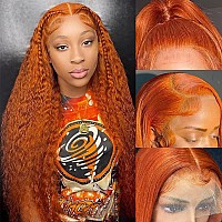 Daules Ginger Deep Wave Lace Front Wigs Human Hair 180 Density Orange 13X4 Curly Lace Frontal Wigs Orange Colored Glueless Pre