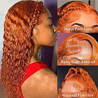 Daules Ginger Deep Wave Lace Front Wigs Human Hair 180 Density Orange 13X4 Curly Lace Frontal Wigs Orange Colored Glueless Pre