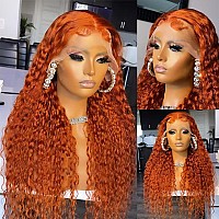 Daules Ginger Deep Wave Lace Front Wigs Human Hair 180 Density Orange 13X4 Curly Lace Frontal Wigs Orange Colored Glueless Pre