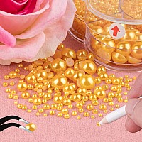 Nail Art Flat Back Half Round Pearl Kits 28 1 Box Of 6000 Pcs Flatback Golden Yellow With Tweezer And Picker Pencil For Home D