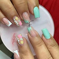 Magrace Medium Press On Nails Square French Tip Fake Nails With Designs 24 Pcs Square False Stick On Nails For Women A1