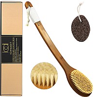 Icandoit1771Inch Natural Boar Bristles Antislip Long Handle Bath Brush Bent Handle Shower Scrubber For Exfoliating Shower Bac