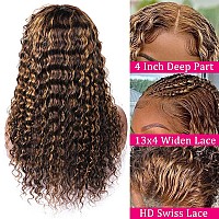 Pinketer Honey Blonde Curly Lace Front Wig Human Hair 13X4 Ombre Highlight Deep Wave Lace Front Wigs Human Hair 180 Density Hum