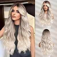 Omelpis Long Ombre Brown Ash Blonde Wavy Wig With Bangs For Women Natural Butterfly Haircut Gray Ash Platinum Dark Roots Layered