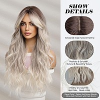 Omelpis Long Ombre Brown Ash Blonde Wavy Wig With Bangs For Women Natural Butterfly Haircut Gray Ash Platinum Dark Roots Layered